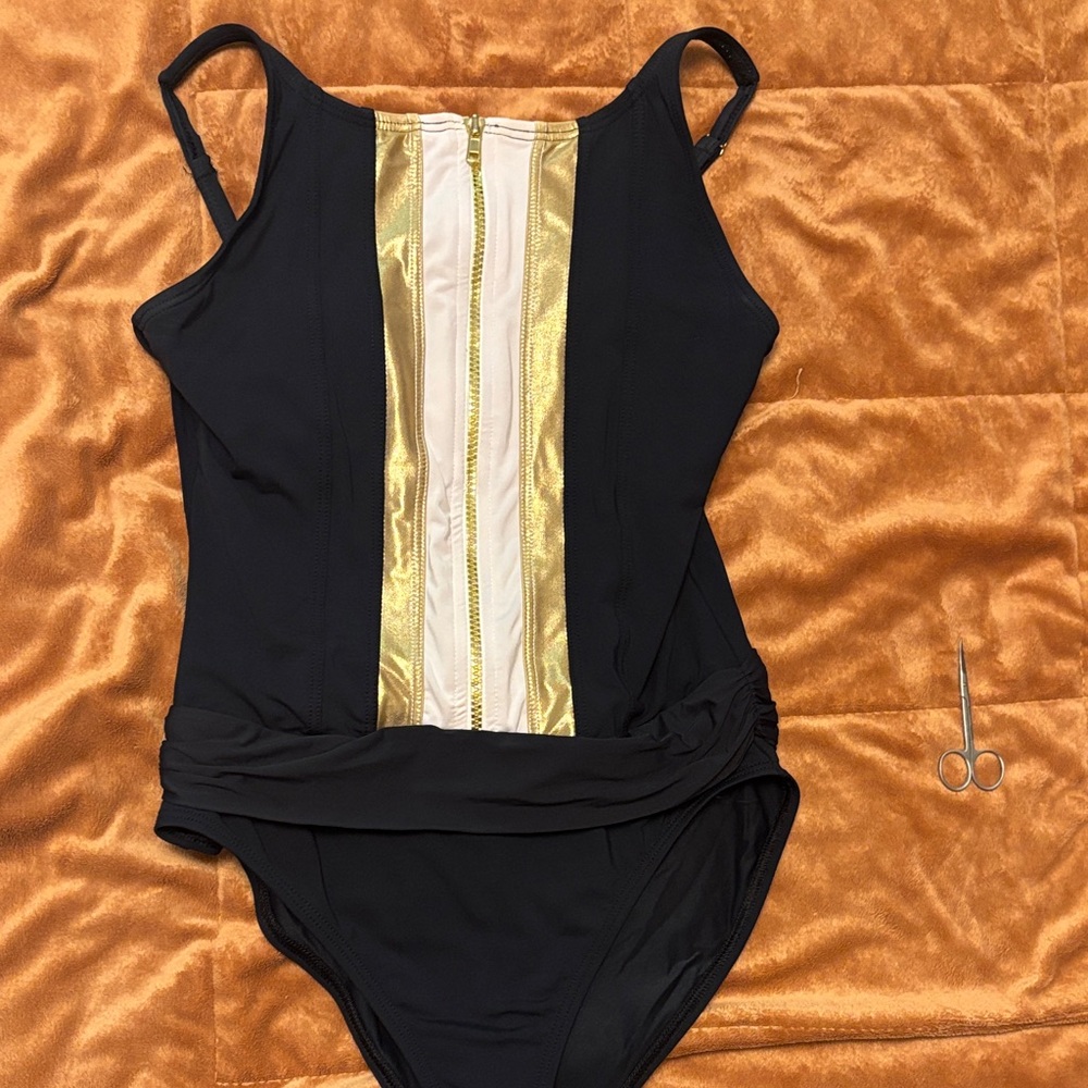 Black One-Piece Swimsuit with Gold & Cream Center Stripe